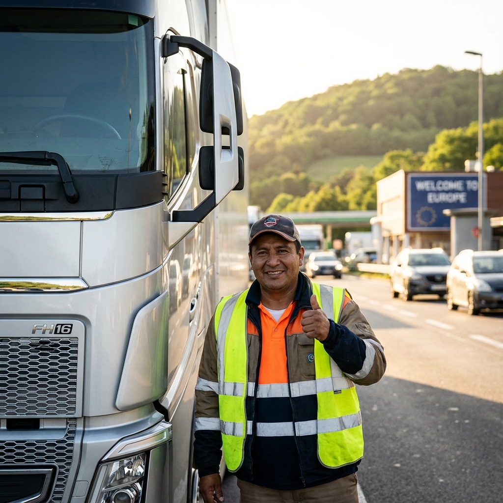 Conductor latino feliz con camión en Europa