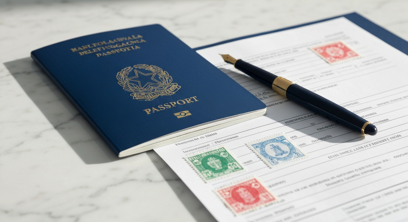 Pasaporte italiano y documentos para el trámite en la Questura